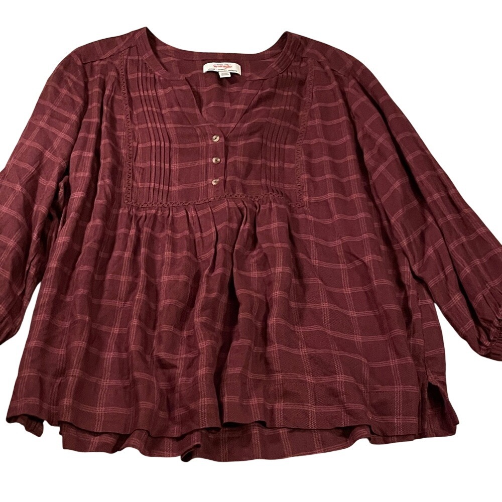 Wrangler Burgundy Plaid Pintuck Peasant‎ Blouse Long Sleeve Boho Top L